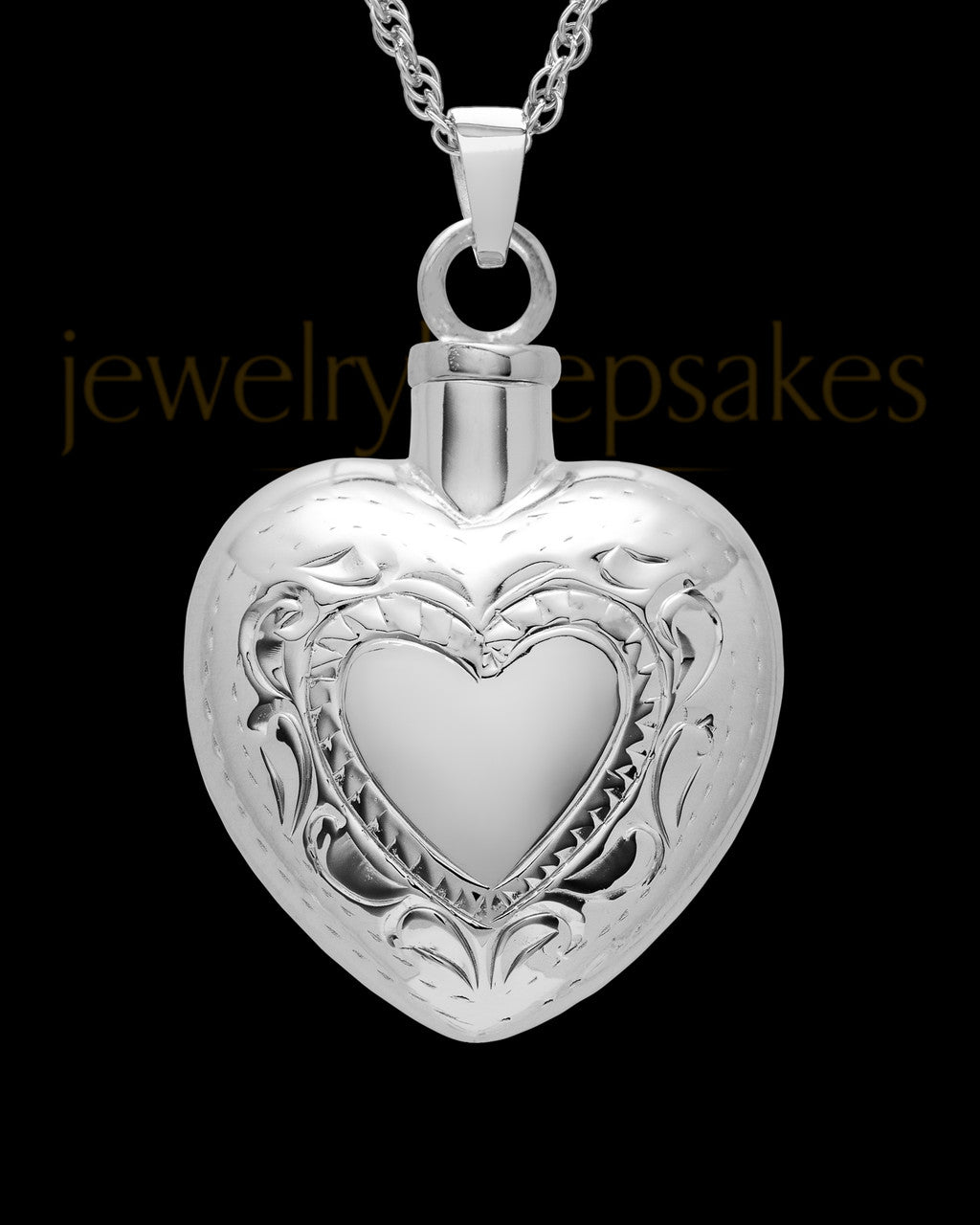 Cremation Remains Jewelry Etched Double 14k White Gold Heart