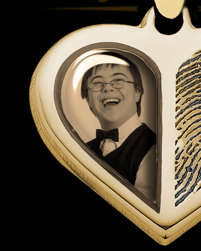 14K Gold Photo Split Heart Thumbprint Pendant