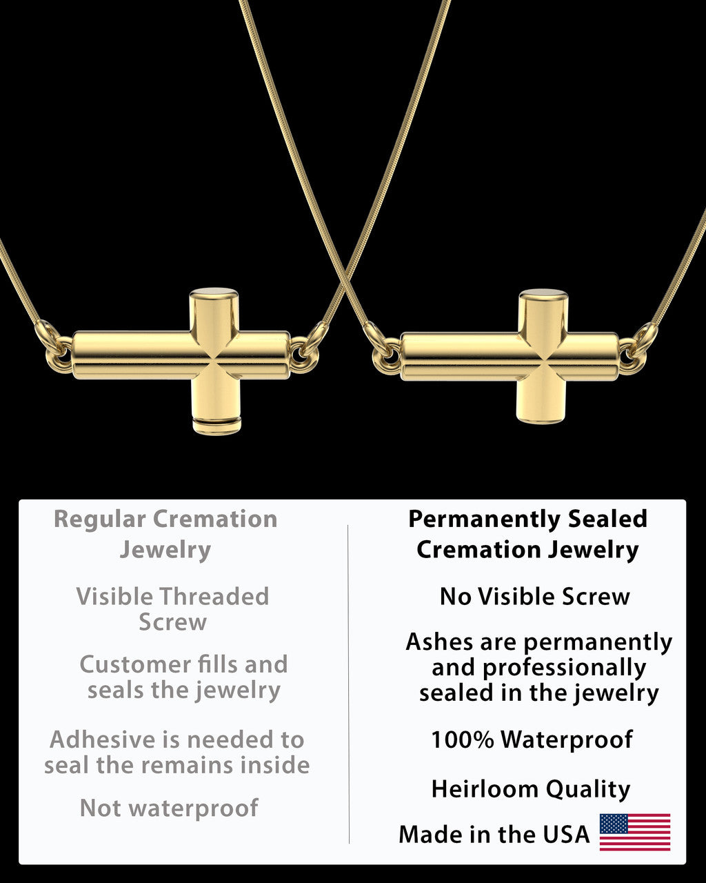 Solid 14K Gold Horizontal Cross Permanently Sealed Waterproof Keepsake Jewelry