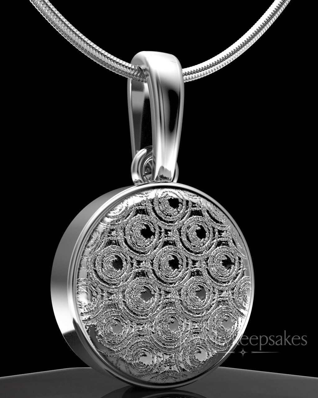 Solid 14k White Gold Patterned Round Permanently Sealed Waterproof Keepsake Jewelry