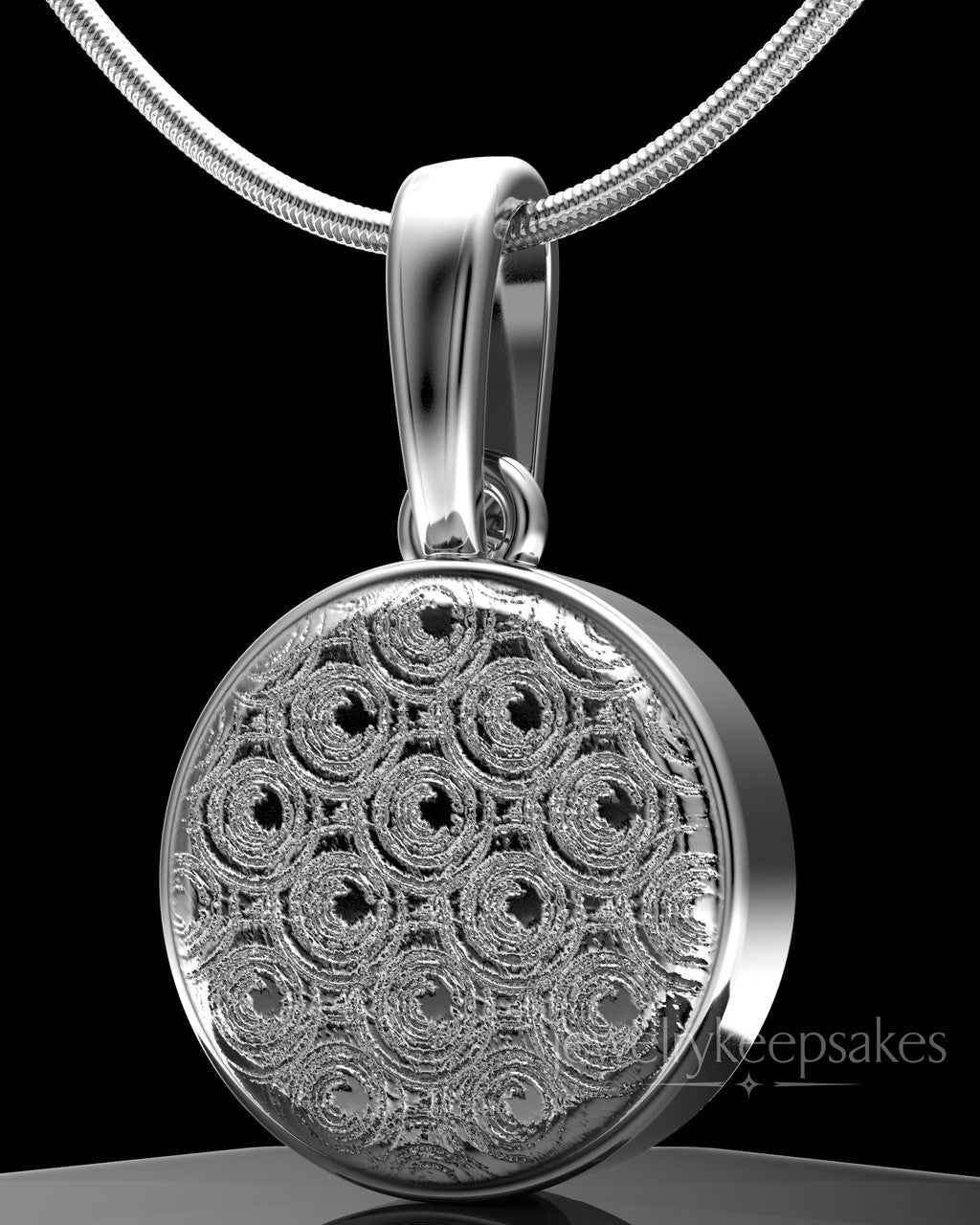 Solid 14k White Gold Patterned Round Permanently Sealed Waterproof Keepsake Jewelry