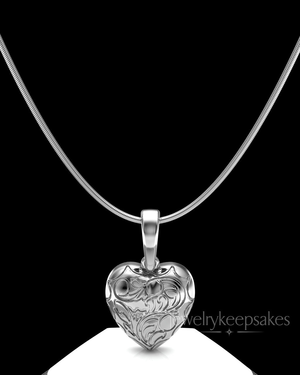 Solid 14k White Gold Etched Heart Permanently Sealed Waterproof Cremation Pendant