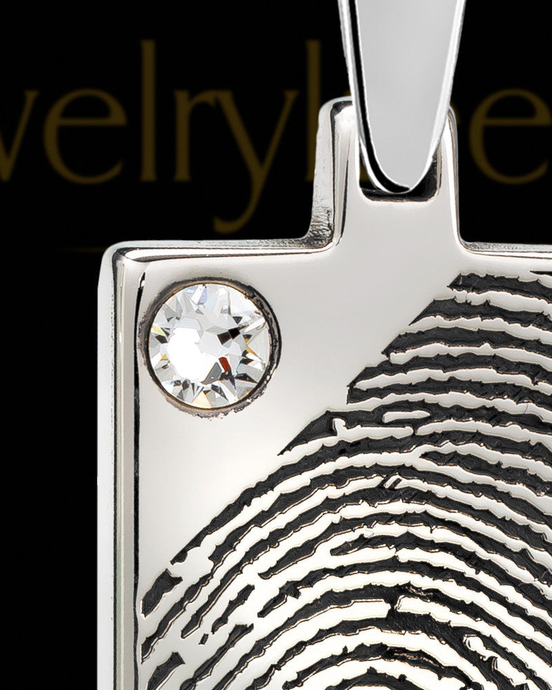Solid 14k White Gold Birthstone Rectangle Thumbprint With Signature Pendant