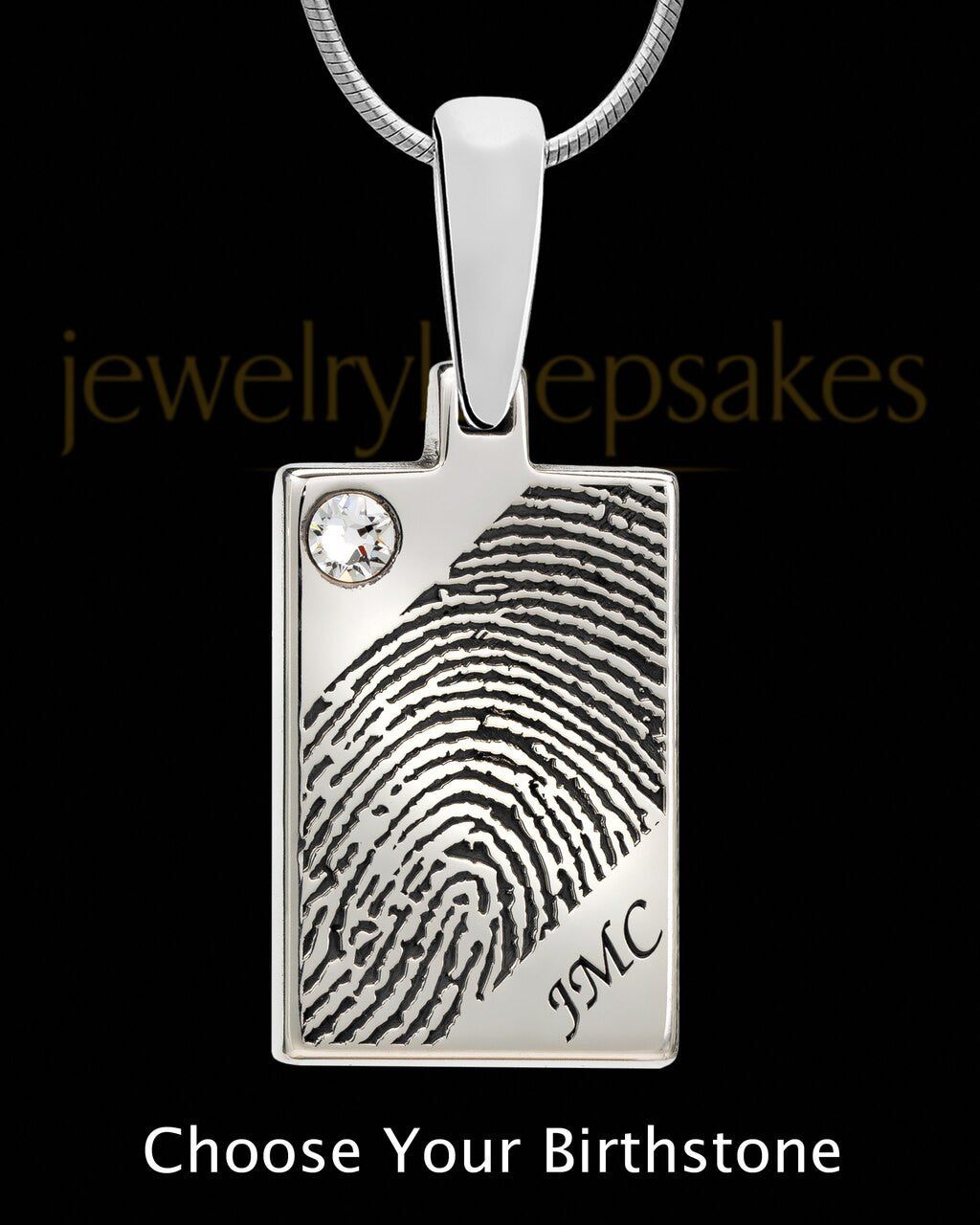 Solid 14k White Gold Birthstone Rectangle Thumbprint Pendant