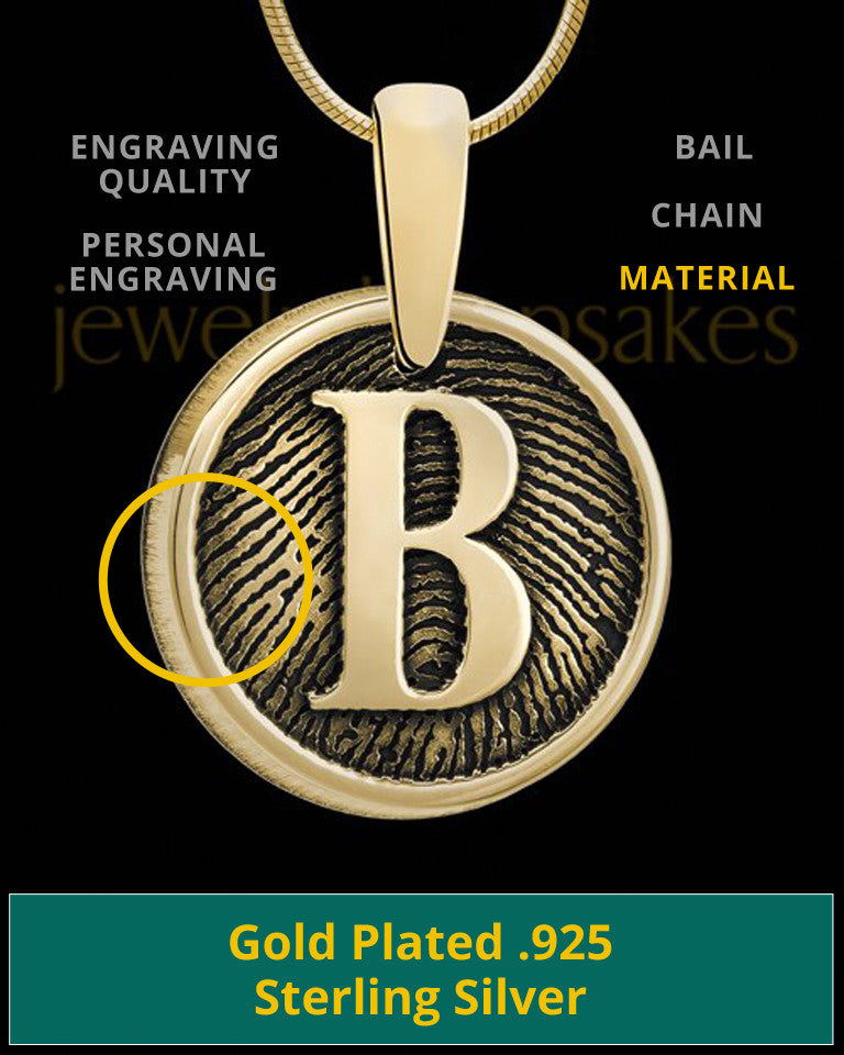 Raised Initial Gold Plated Round Sterling Silver Thumbprint Pendant