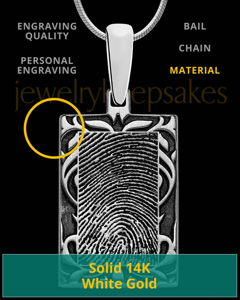 Filigree Rectangle Solid 14k White Gold Thumbprint Pendant