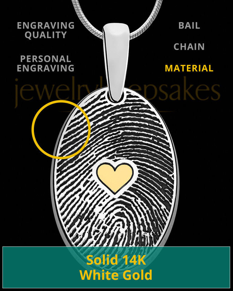 Solid 14k White Gold Heartfelt Oval with Gold Plated Heart Thumbprint Pendant