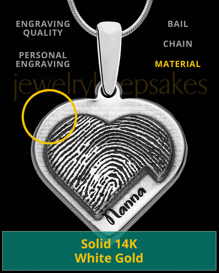 Solid 14K White Gold Raised Heart Thumbprint Pendant