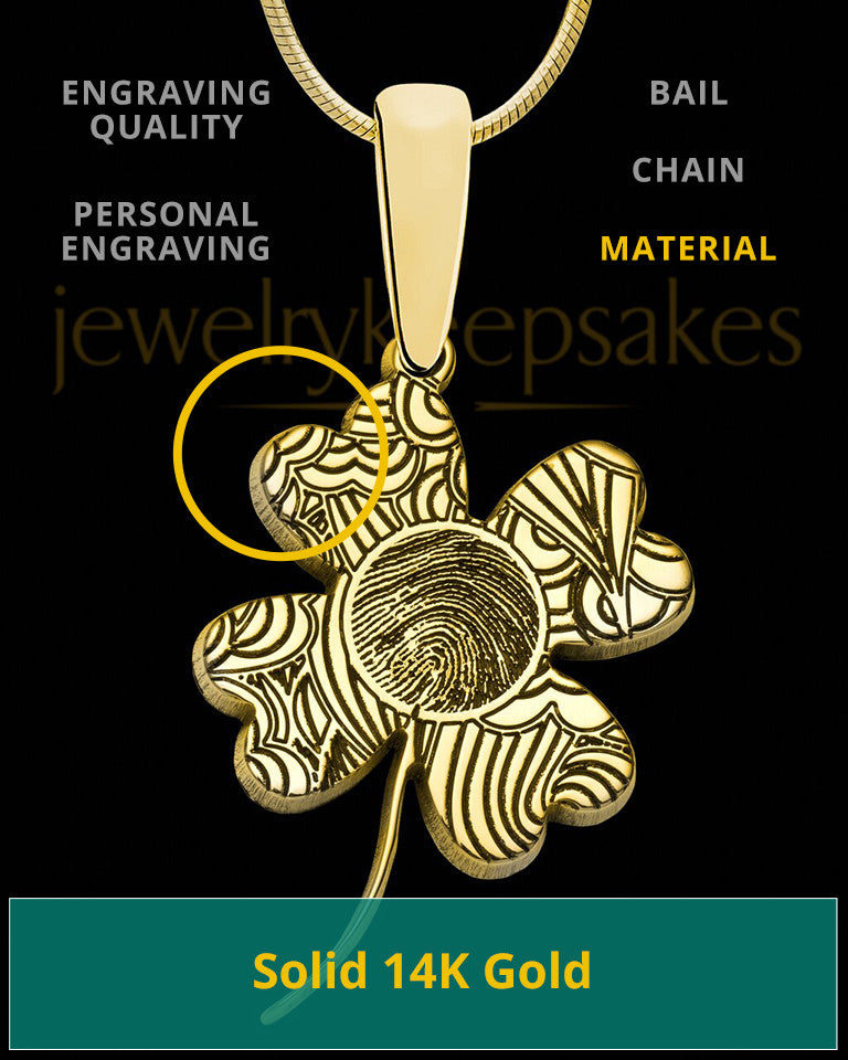 Solid 14K Gold Four Leaf Clover Thumbprint Pendant