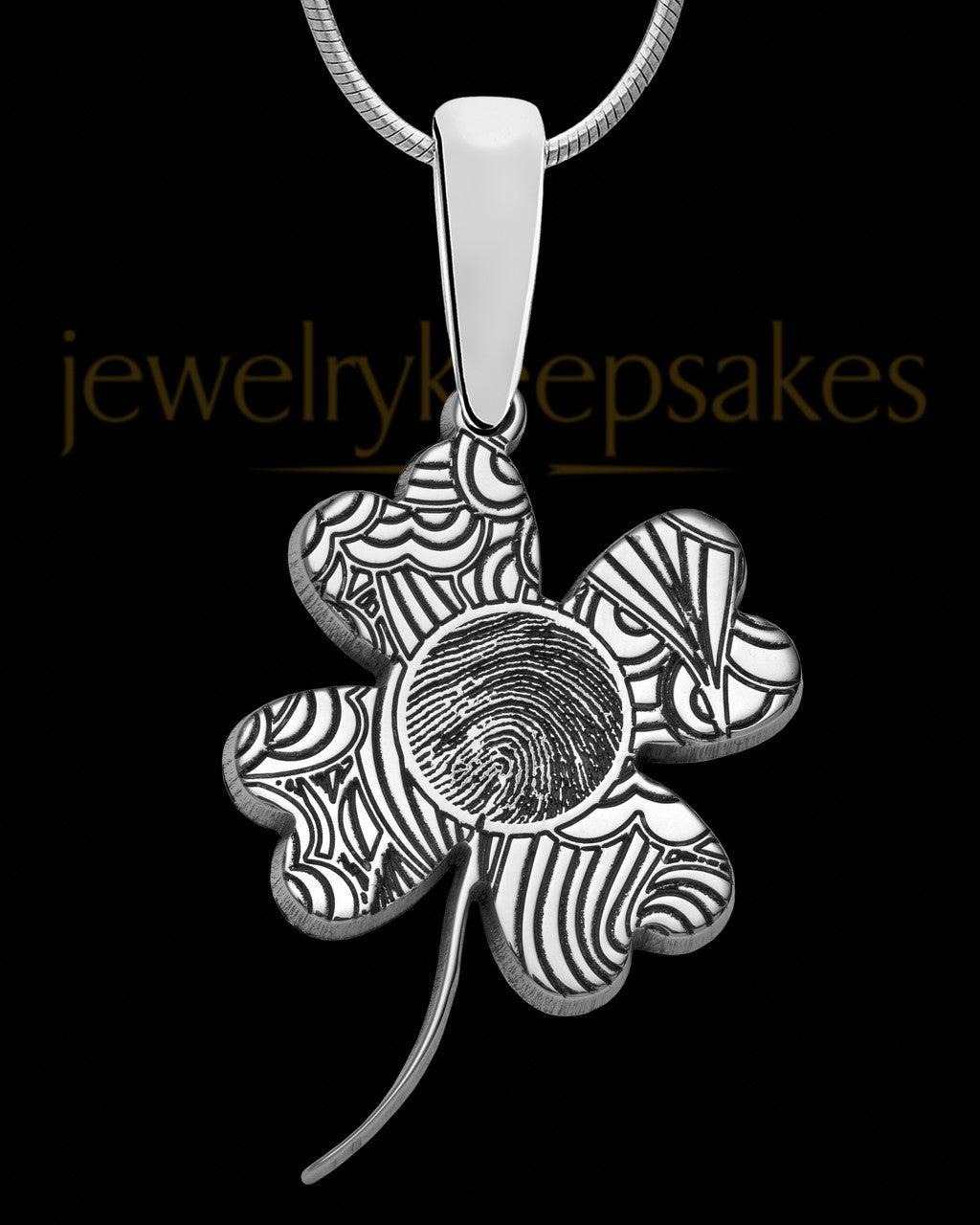 Solid 14K White Gold Four Leaf Clover Thumbprint Pendant