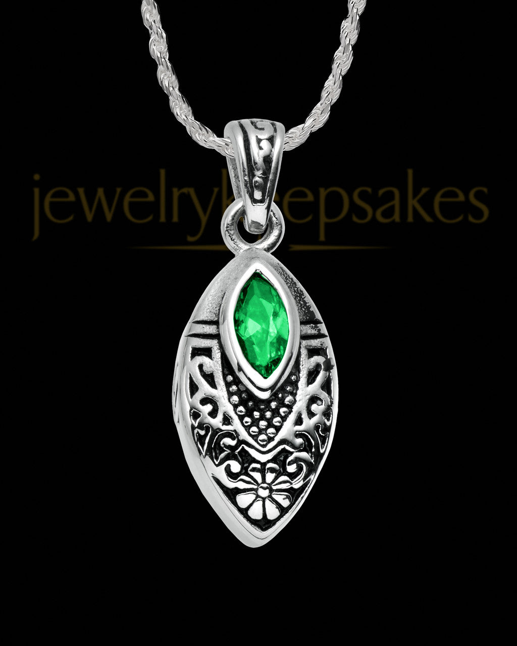 Stainless Decorated Teardrop with Green Stone Urn Pendant