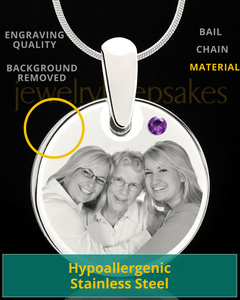 February Round Birthstone Stainless Steel Photo Pendant