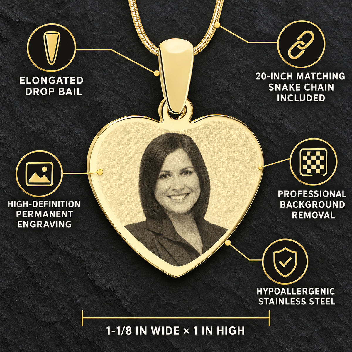 Custom Heart Photo Pendant Necklace Gold Plated With Engraving