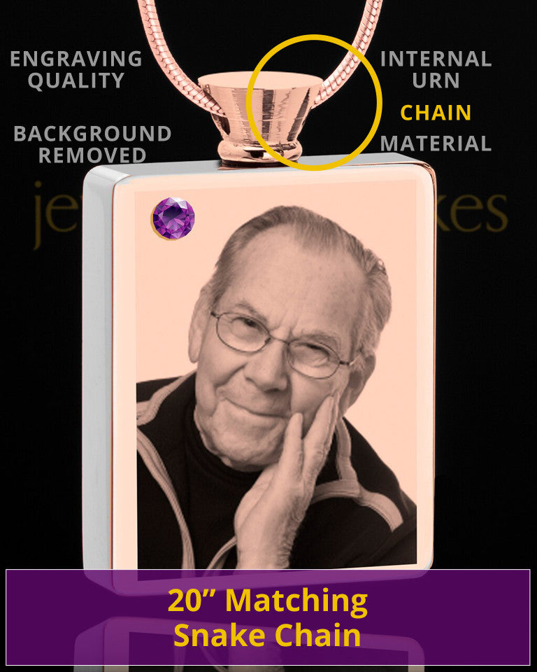 February Rose Gold Plated Photo Engraved Rectangle Cremation Pendant