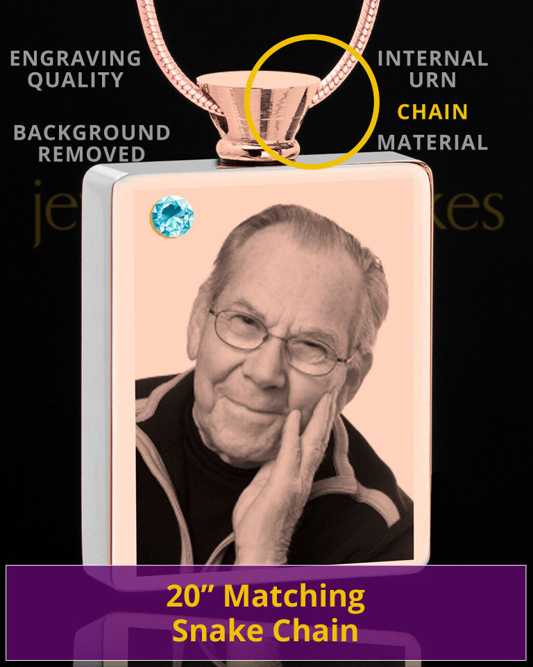 March Rose Gold Plated Photo Engraved Rectangle Cremation Pendant