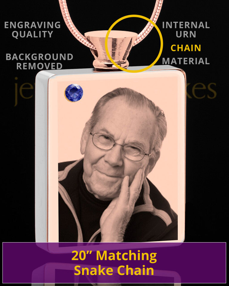 September Rose Gold Plated Photo Engraved Rectangle Cremation Pendant