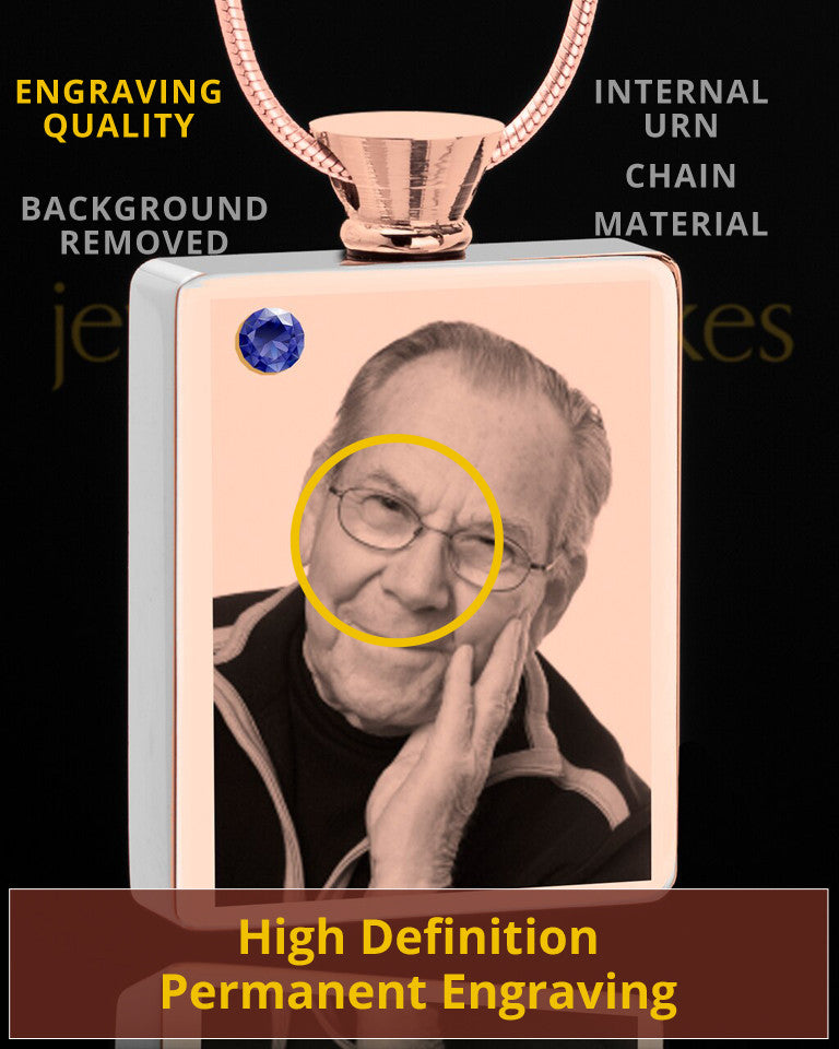 September Rose Gold Plated Photo Engraved Rectangle Cremation Pendant