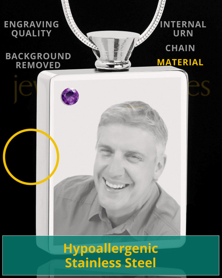 February Stainless Steel Photo Engraved Rectangle Cremation Pendant