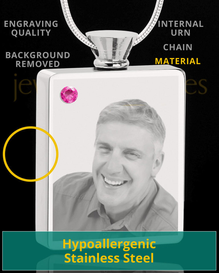 October Stainless Steel Photo Engraved Rectangle Cremation Pendant