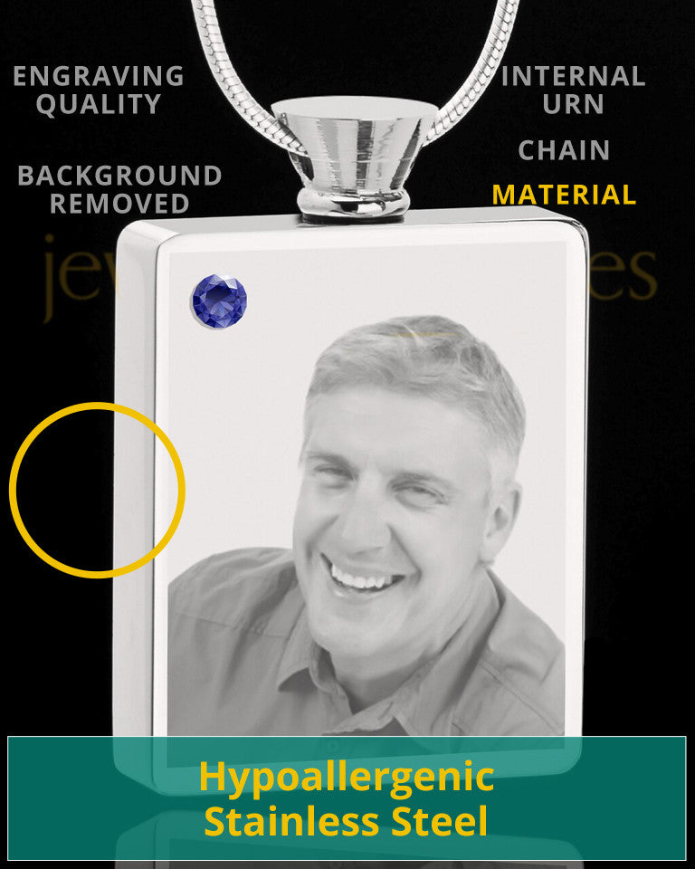 September Stainless Steel Photo Engraved Rectangle Cremation Pendant