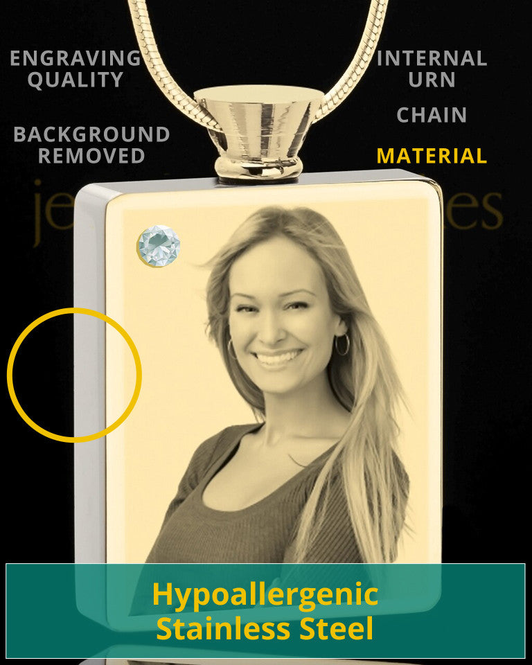 Photo Engraved April Gold Plated Rectangle Cremation Pendant