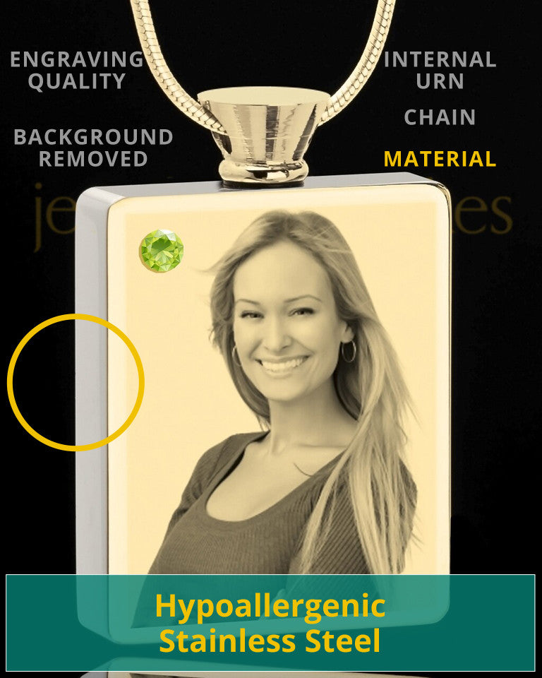 Photo Engraved August Gold Plated Rectangle Cremation Pendant