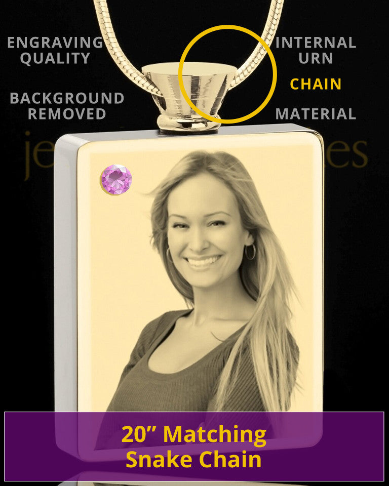 Photo Engraved June Gold Plated Rectangle Cremation Pendant