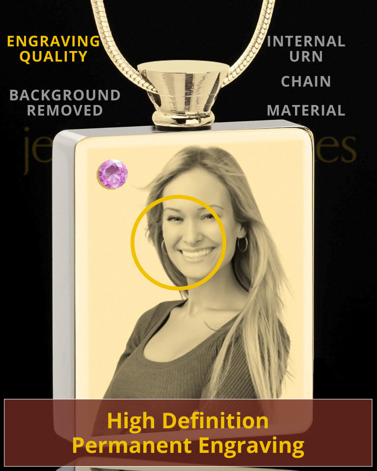 Photo Engraved June Gold Plated Rectangle Cremation Pendant