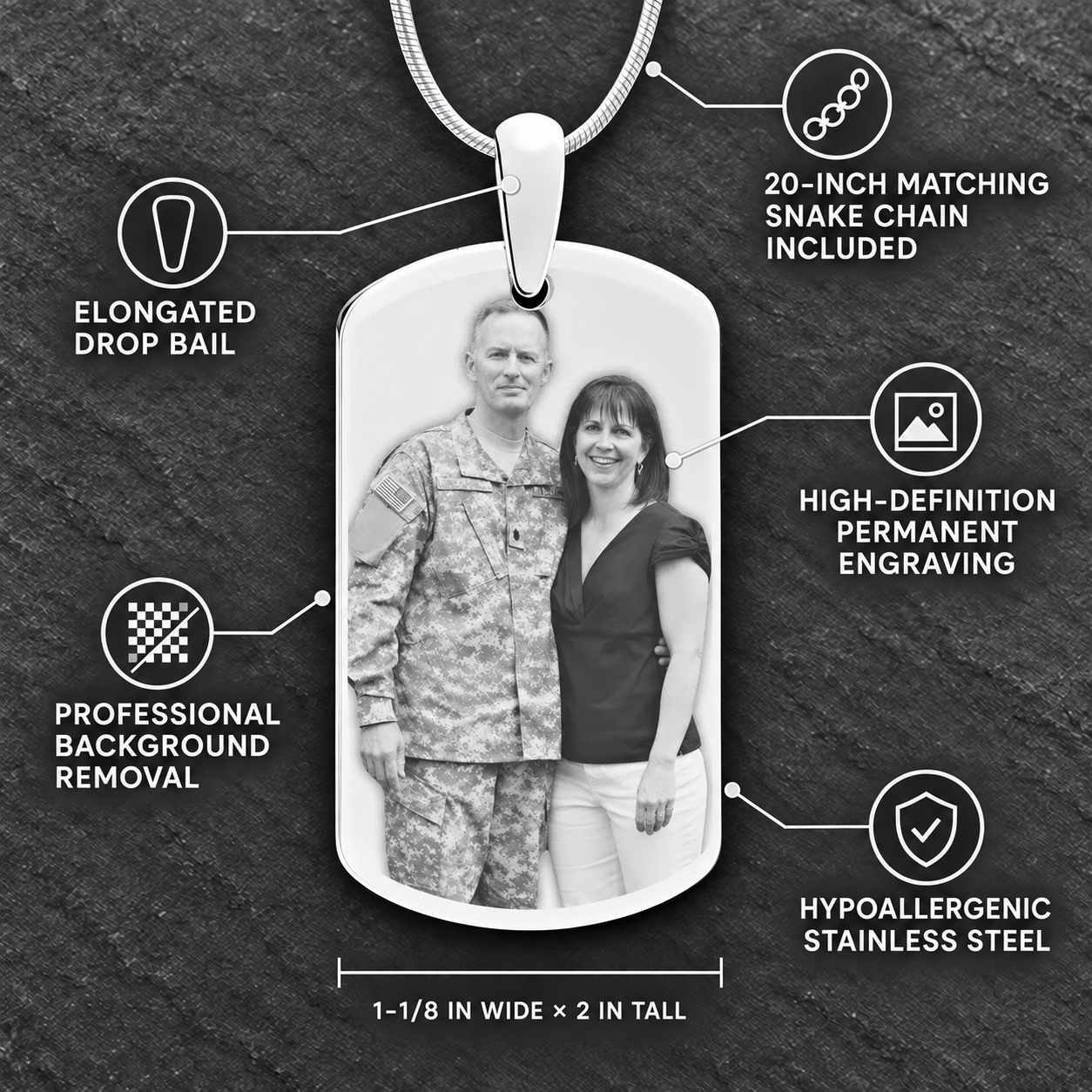 Custom Photo Engraved Dog Tag Pendant With Chain In Stainless Steel