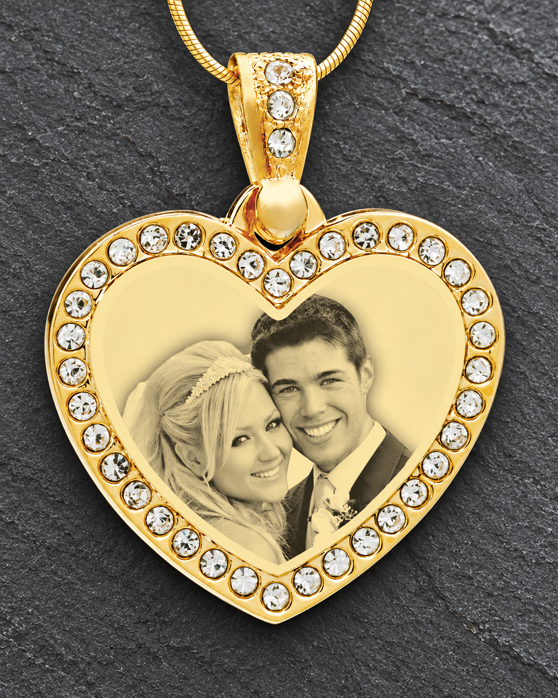 Personalized Gold-Plated Heart Photo Engraved Pendant With Gemstones