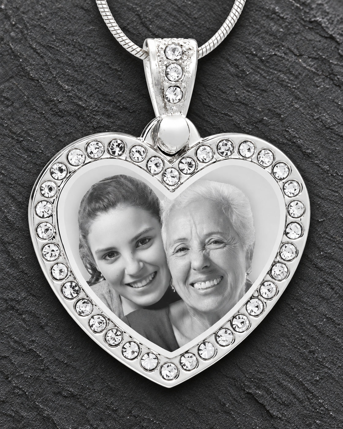 Photo Engraved Gem Heart Pendant Stainless Steel