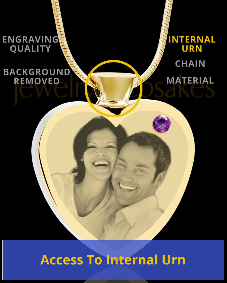 February Gold Plated Photo Engraved Heart Cremation Pendant