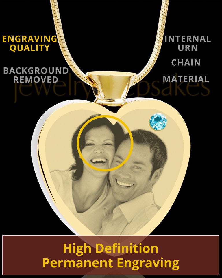 March Gold Plated Photo Engraved Heart Cremation Pendant
