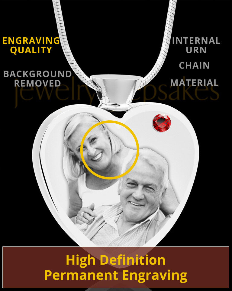 January Stainless Steel Photo Engraved Heart Cremation Pendant