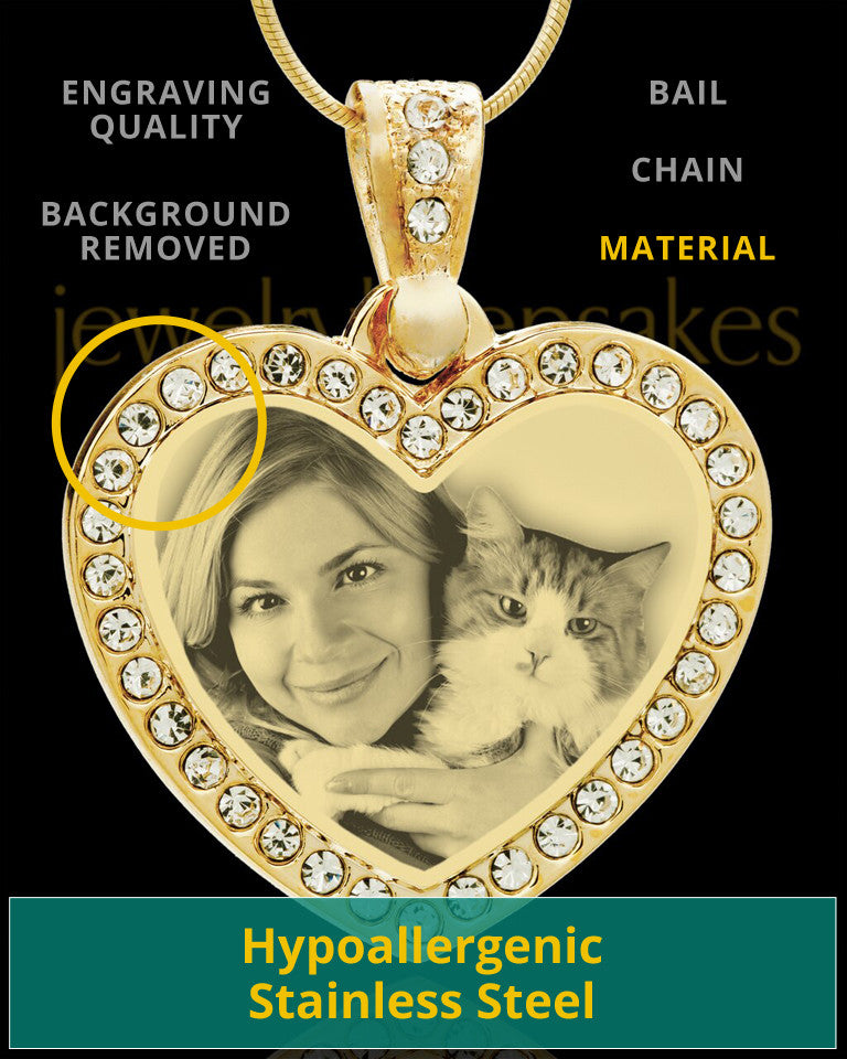 Photo Engraved Gem Heart Pet Pendant Gold Plated over Stainless