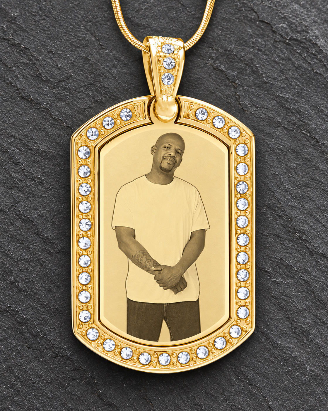 Gold Gem Rectangle Photo Engraved Pendant