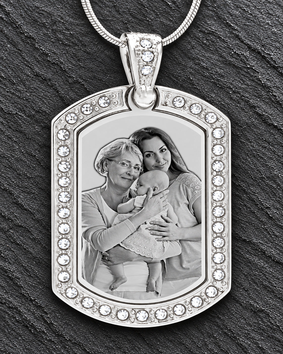 Silver Gem Rectangle Photo Engraved Pendant
