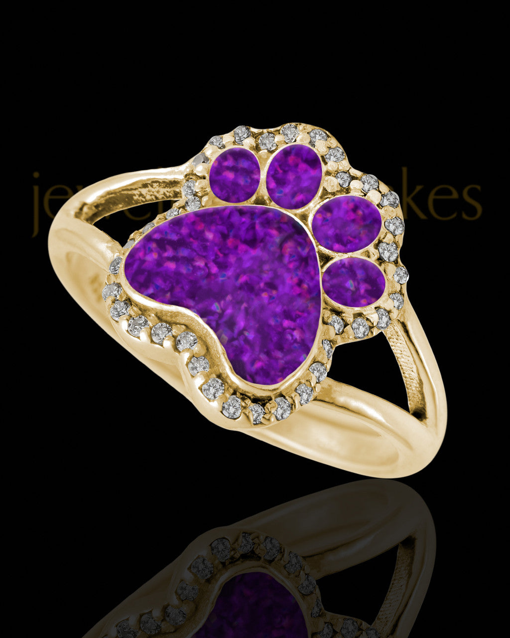Solid 14K Gold Ladies My Best Friend Paw Print Orchid Pearl Opal Ash Ring