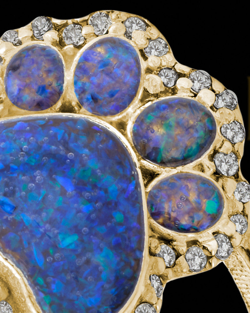 Solid 14K Gold Ladies My Best Friend Paw Print Ocean Tide Opal Ash Ring