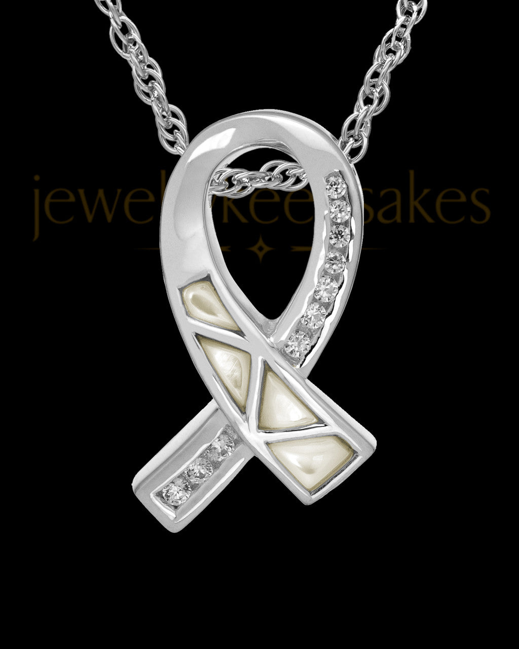 Cremation Locket 14k White Gold Pearly Ribbon Keepsake