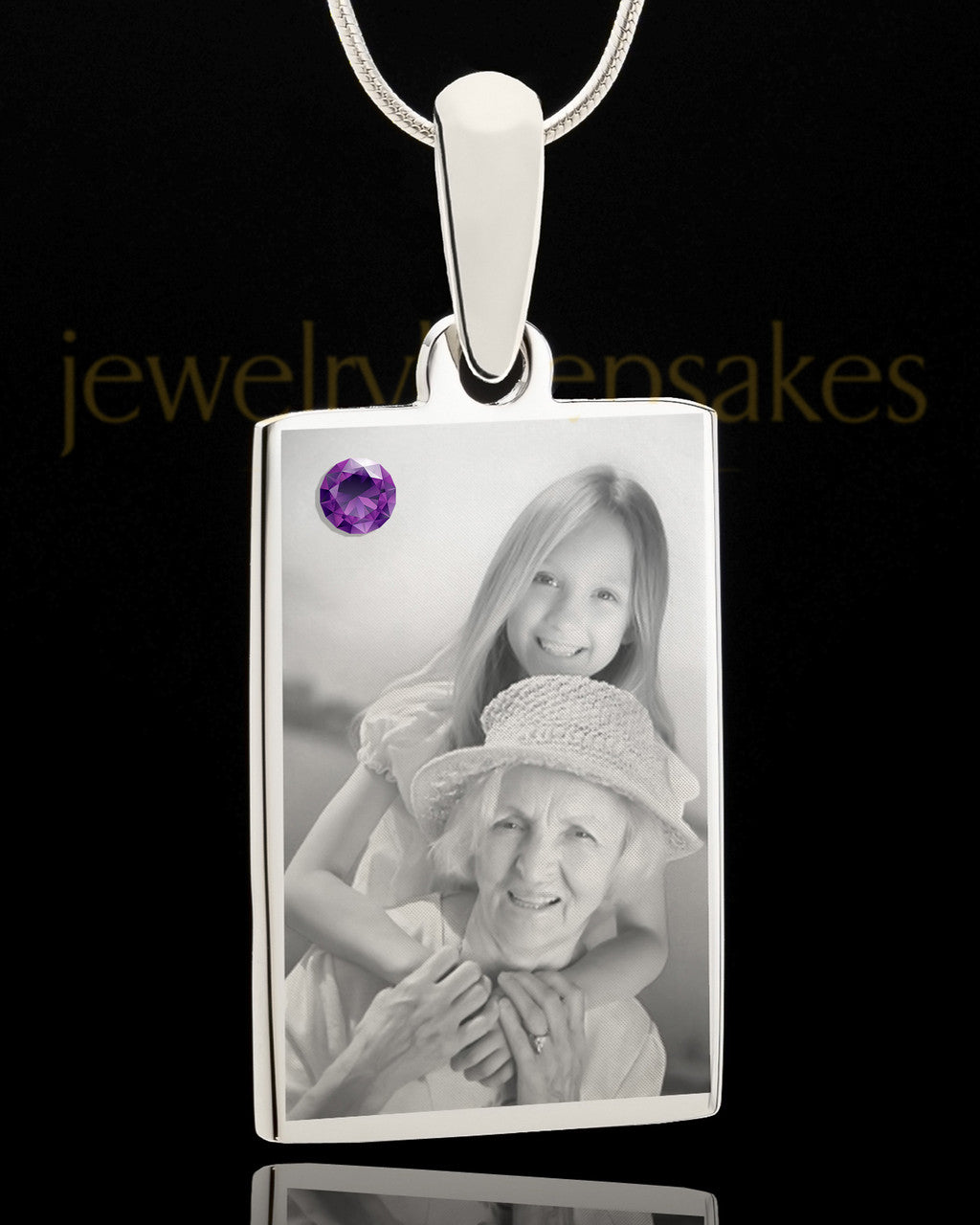 Photo Engraved February Birthstone Rectangle Pendant