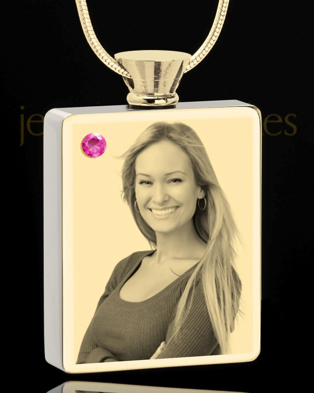 Photo Engraved October Gold Plated Rectangle Cremation Pendant