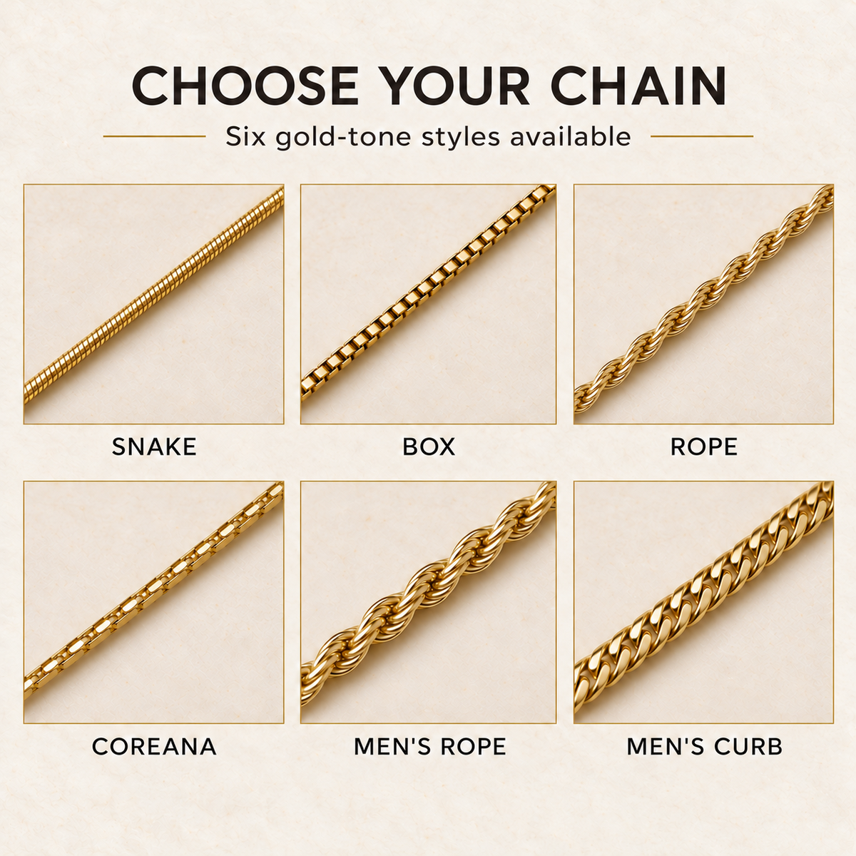 Six gold-tone chain styles: snake, box, rope, Coreana, men's rope, and men's curb