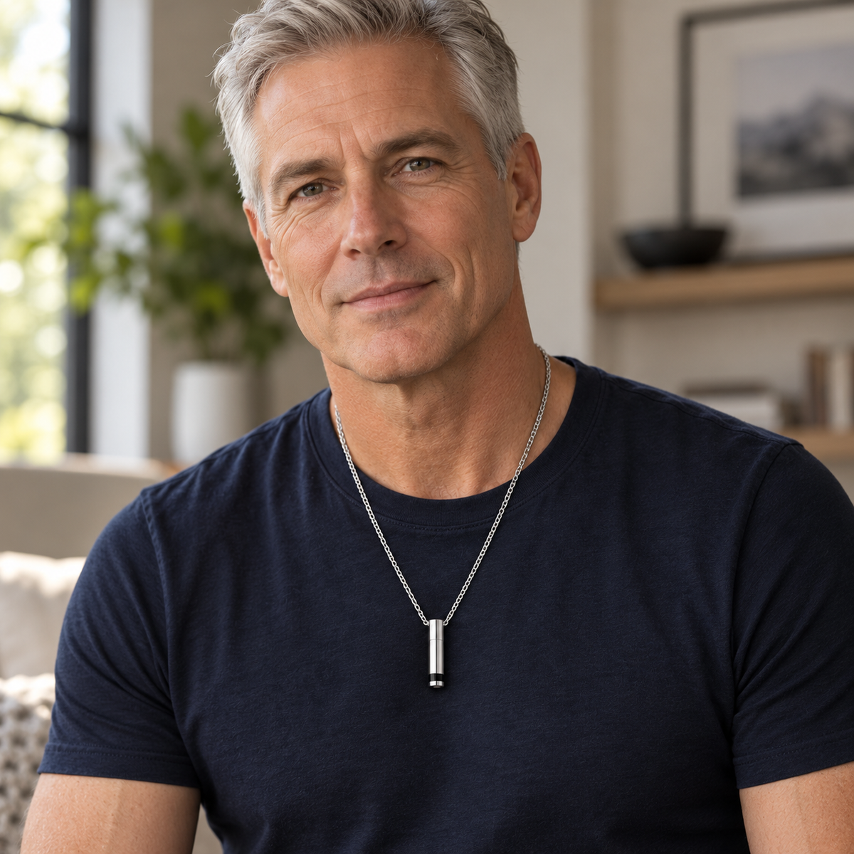 Men’s stainless steel Courageous Cylinder pendant on its matching cable chain worn by a man