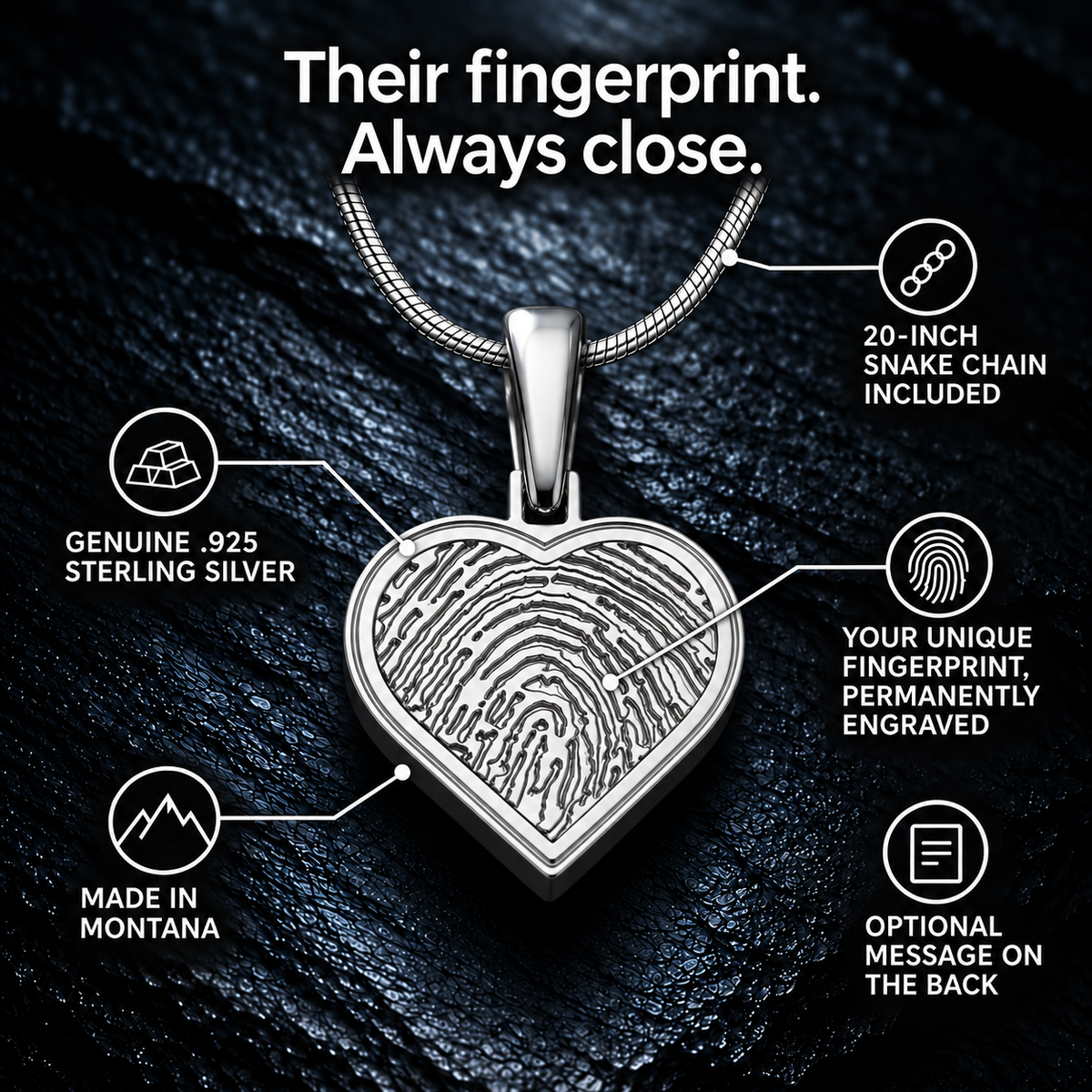Sterling silver heart fingerprint pendant — features and included matching chain