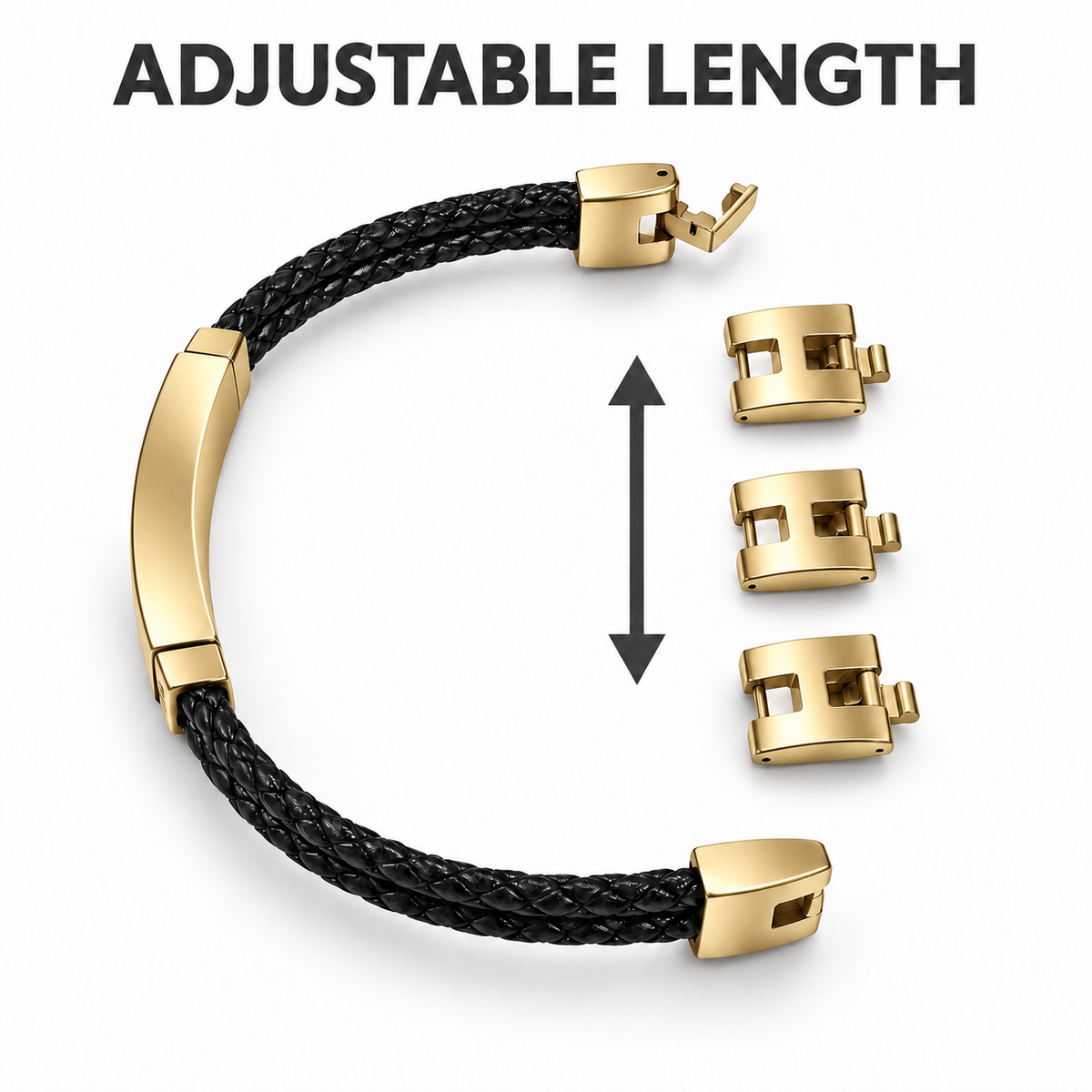 Gold plated bracelet with three removable links for adjustable length