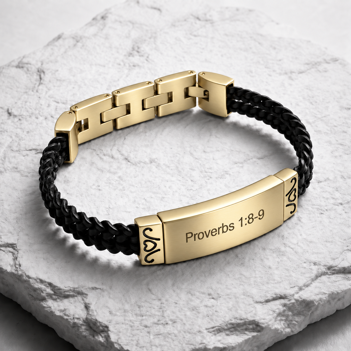 Gold plated bracelet with Proverbs 1:8-9 engraving on pale stone