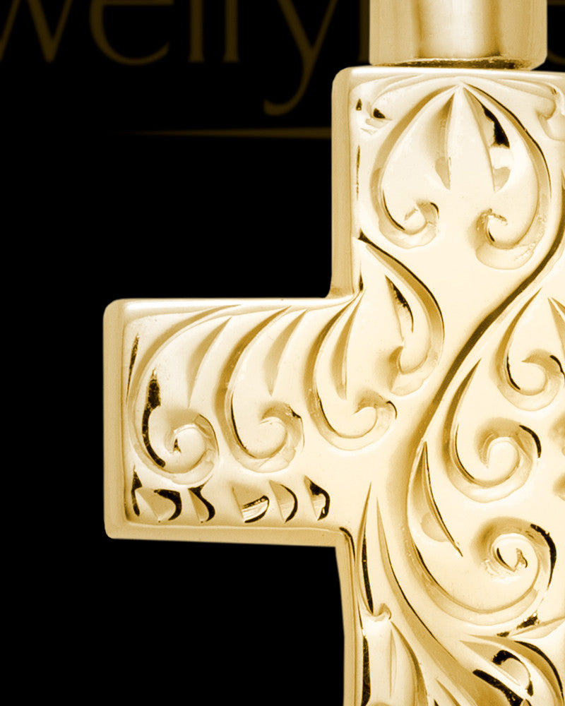 Memorial Pendant Urn Etched Cross - Gold Plated-Large