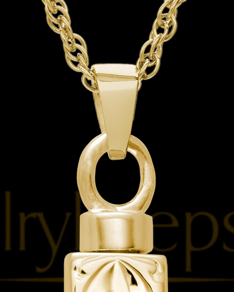 Memorial Pendant Urn Etched Cross - Gold Plated-Large