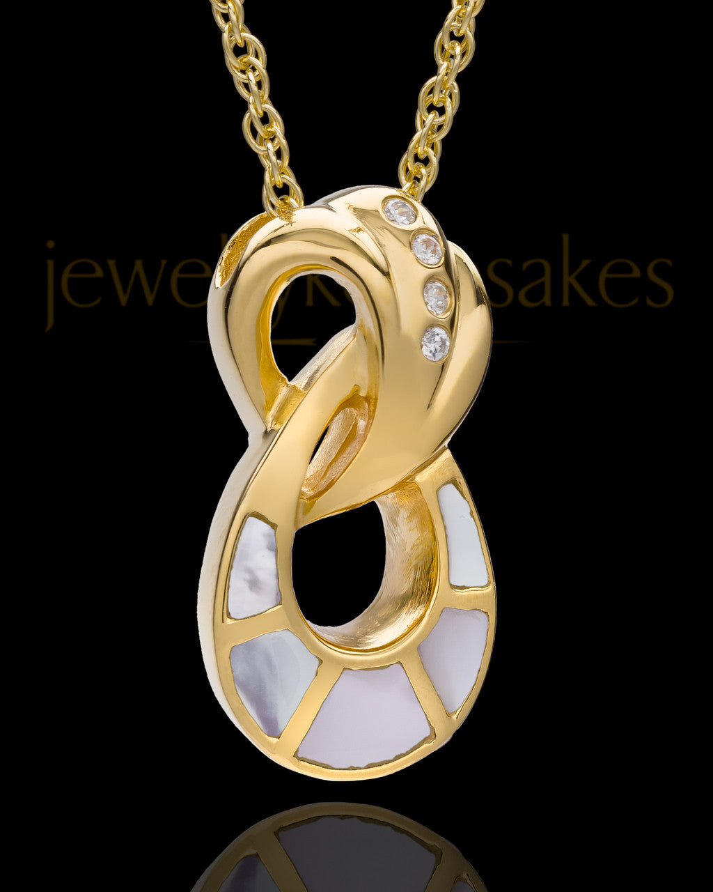 Infinity with Swarovski Stones Mother of Pearl Ash Pendant in 14K Gold